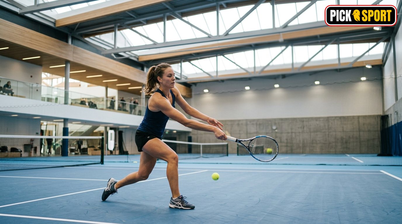 Sportler in einer modernen Halle bei der Konzentration auf die Technik im Real Tennis Training.