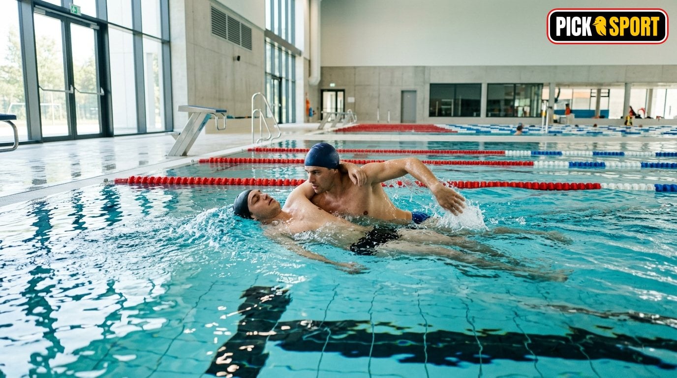 Rettungsschwimmen: Regeln, Technik und Training verständlich erklärt Zwei Rettungsschwimmer trainieren eine Rettungstechnik im modernen Hallenbad – professionell und konzentriert.