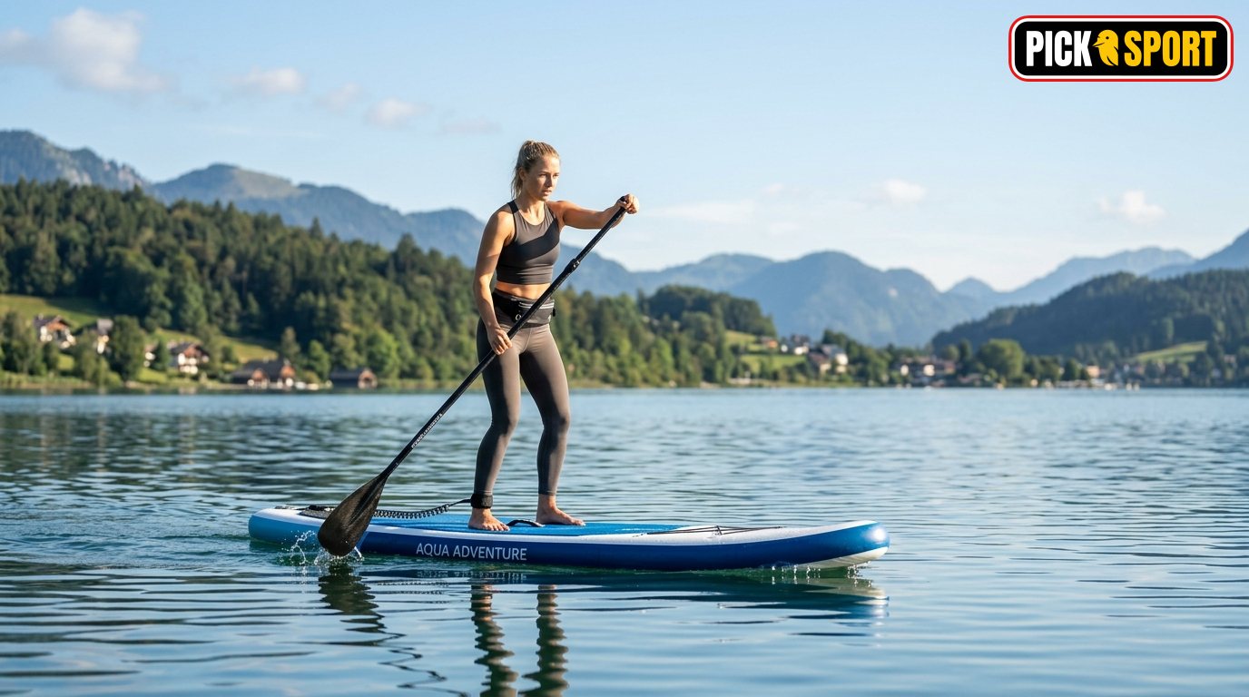 Person beim Stand-up-Paddling auf einem ruhigen See zur Verbesserung von Technik, Balance und Ausdauer.