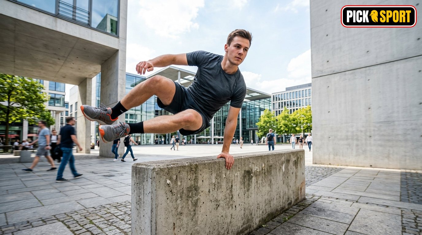 Ein Parkour-Sportler trainiert eine präzise Landung und Technik in einer modernen urbanen Umgebung.
