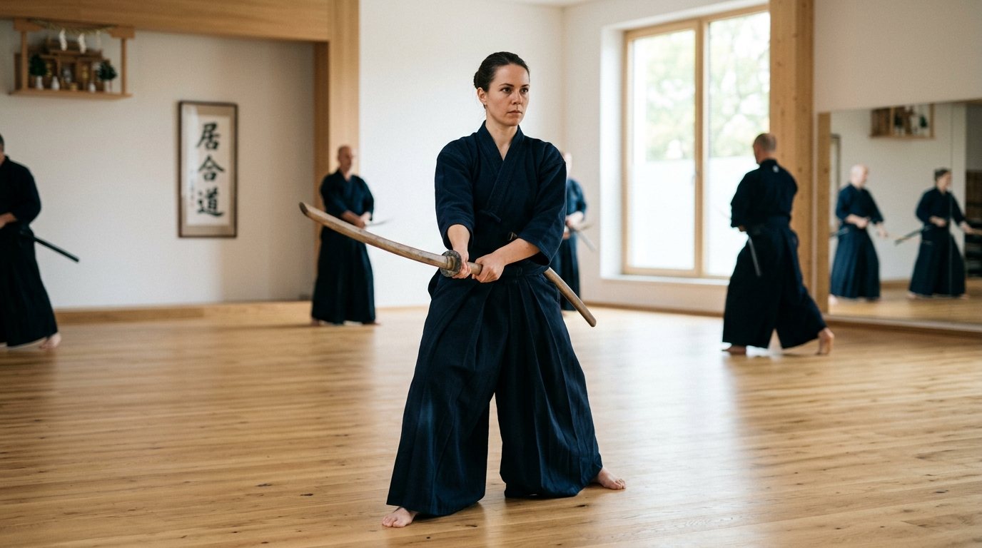 Iaido-Training im Dojo: Konzentrierte Person bei einer Schwert-Bewegung mit einem Bokken.