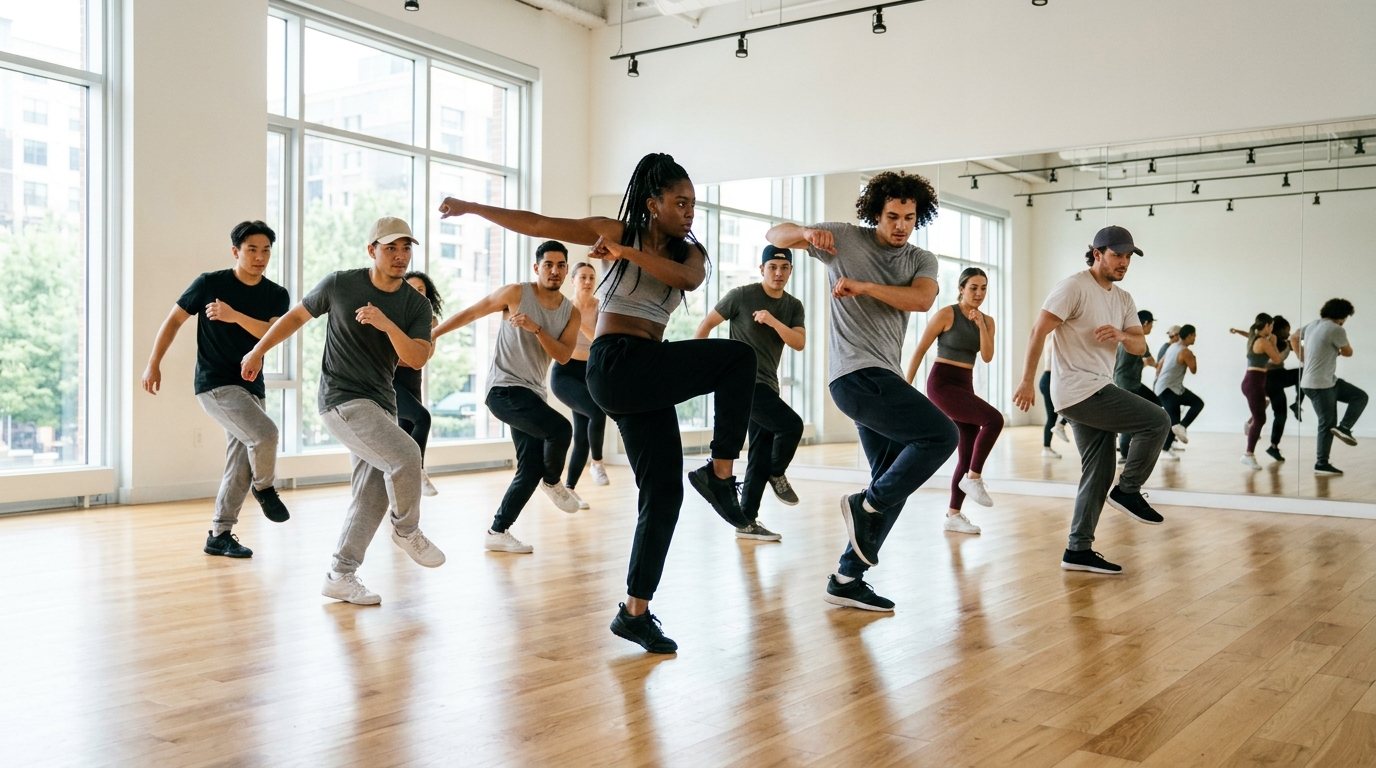 Eine Gruppe junger Leute trainiert Hip-Hop-Dance in einem modernen Tanzstudio mit Spiegeln und Holzboden.