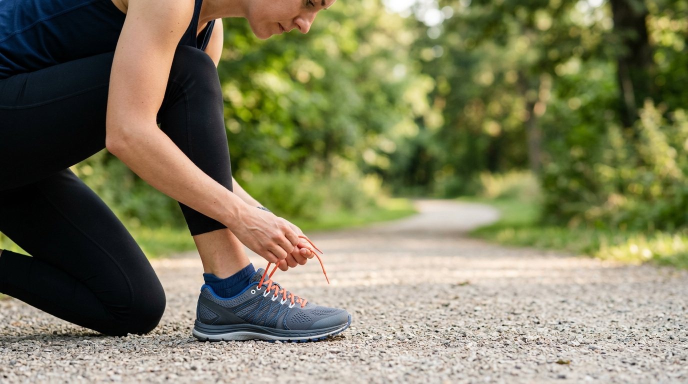 Nahaufnahme eines Sportlers beim Schnüren von Laufschuhen mit hochwertigen Funktions-Sportsocken im Training.