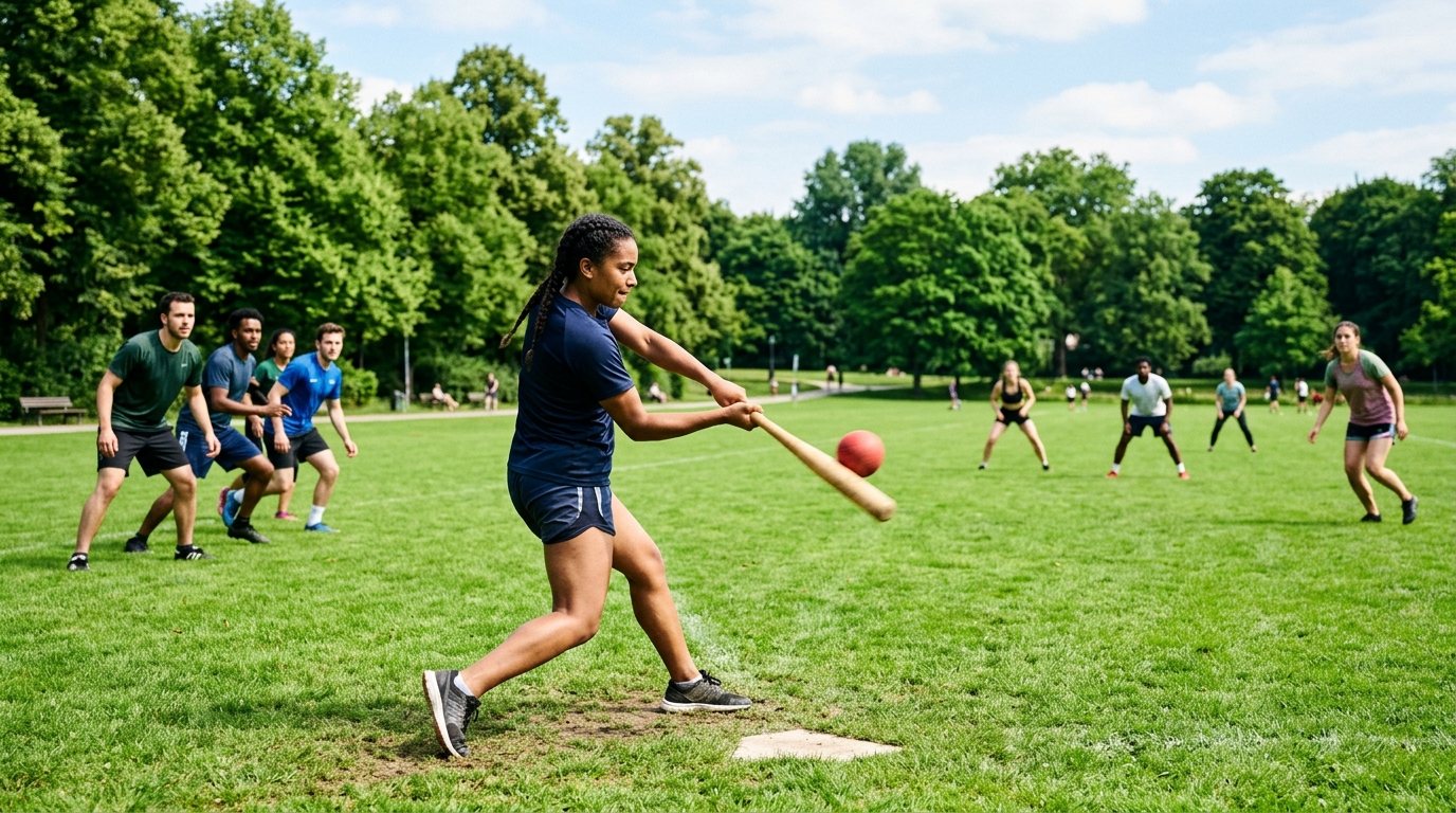 Gruppe von jungen Erwachsenen beim Schlagball-Spiel auf einem grünen Rasenplatz im Park