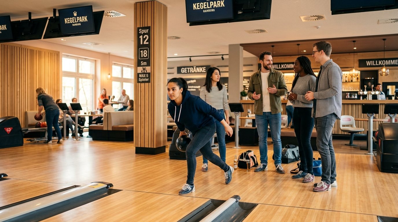 Gruppe von Freunden beim Bowling Training in einer modernen Bowlingbahn