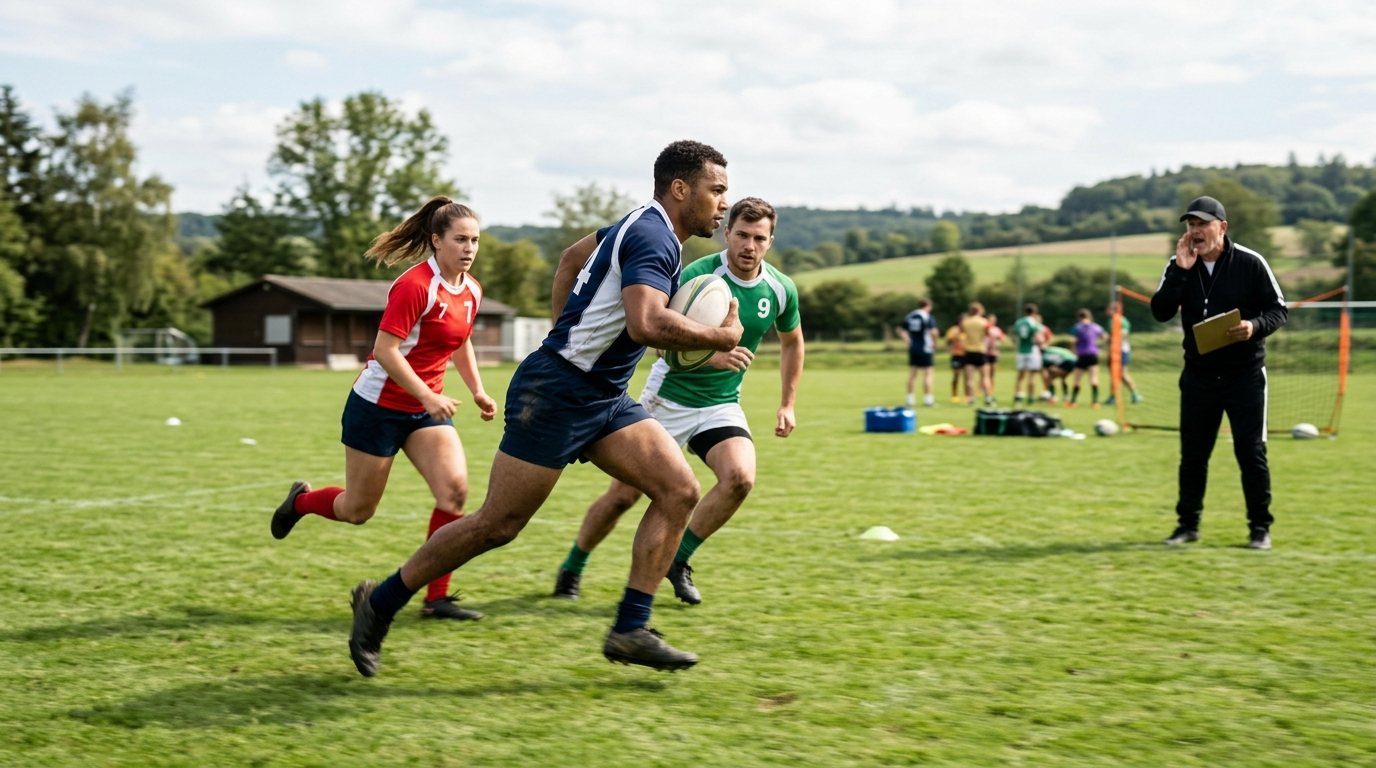 Rugby Sevens Training auf einem Sportplatz: Spieler beim Sprint mit dem Rugbyball für mehr Tempo und Technik.