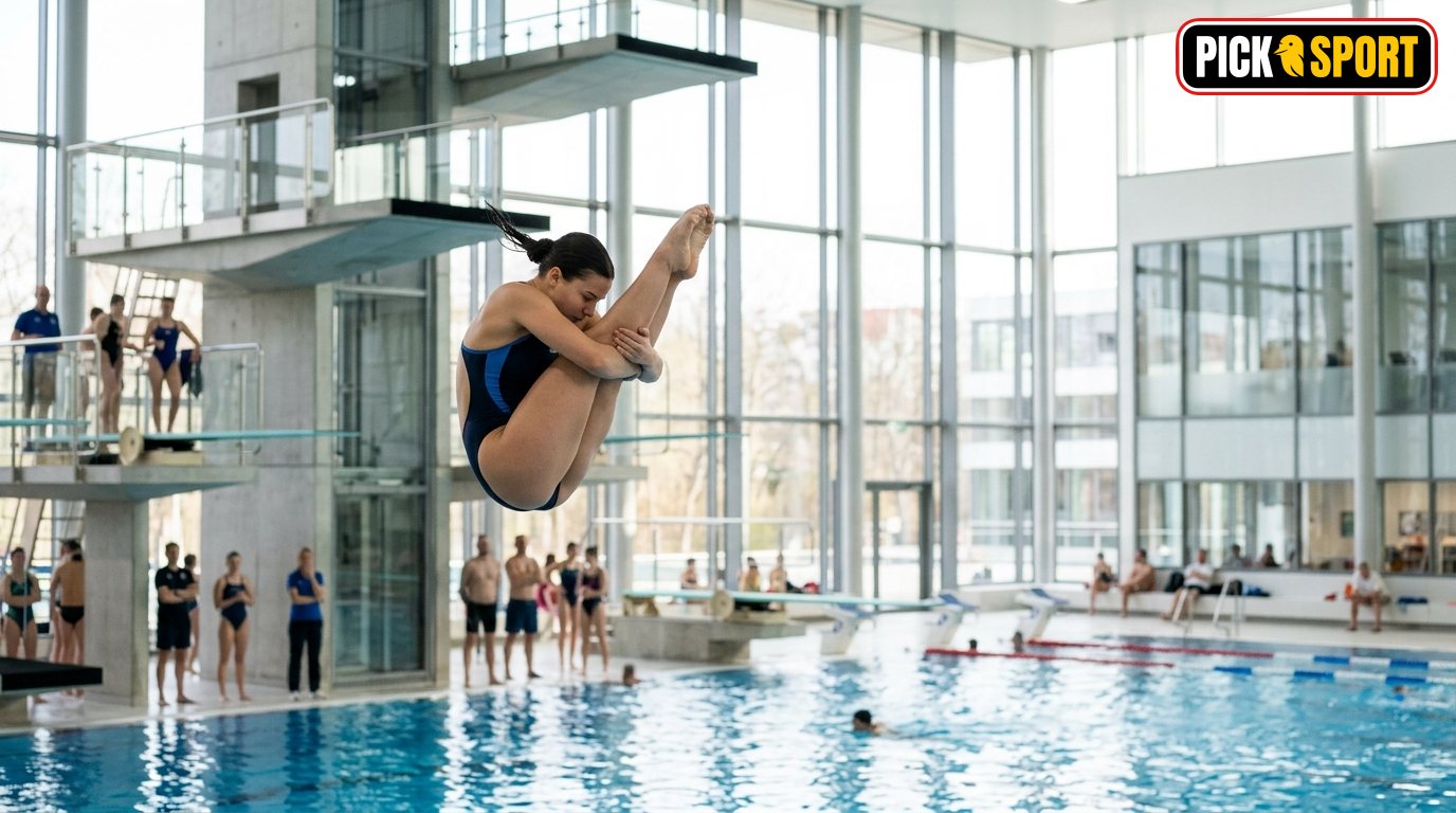Sportler beim Wasserspringen in einer modernen Schwimmhalle mit Fokus auf Technik und Körperspannung.
