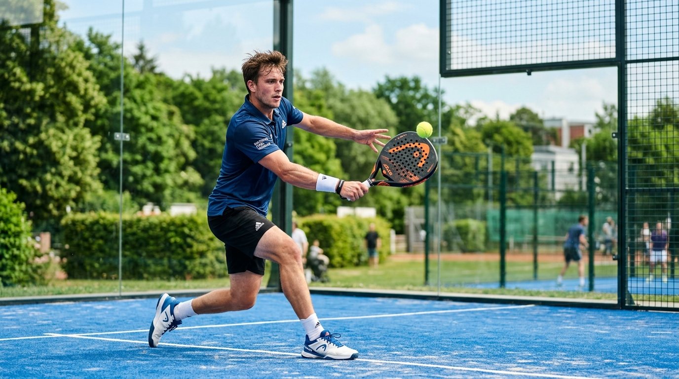 Padel-Einsteiger in dynamischer Bewegung auf dem Outdoor-Court beim Schlagtraining.