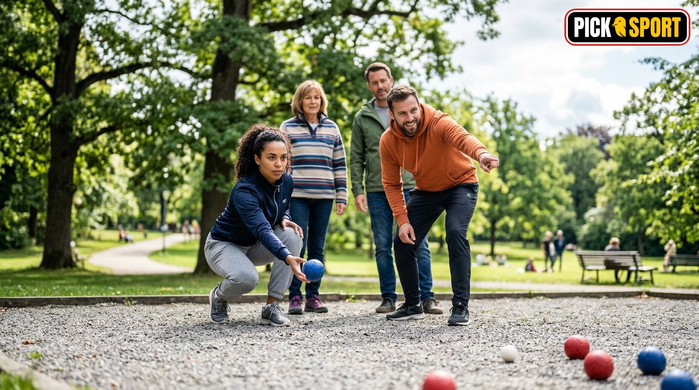 Freunde beim Boccia Training in einem Park: Fokus auf Wurftechnik und Präzision beim Spiel mit Boccia-Kugeln.