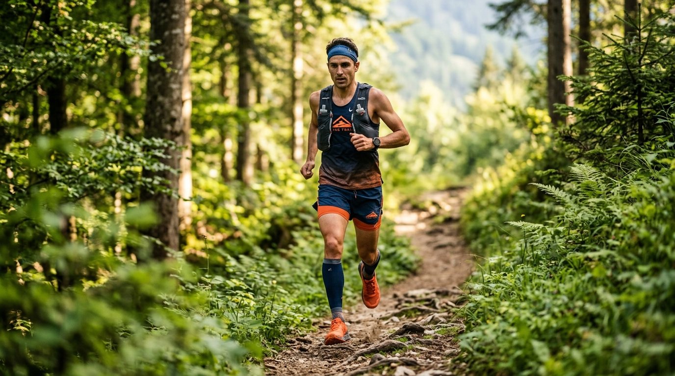Ein Läufer beim Training auf einem Waldweg, ideal für Tipps zu Lauftechnik und Ultralauf-Vorbereitung.
