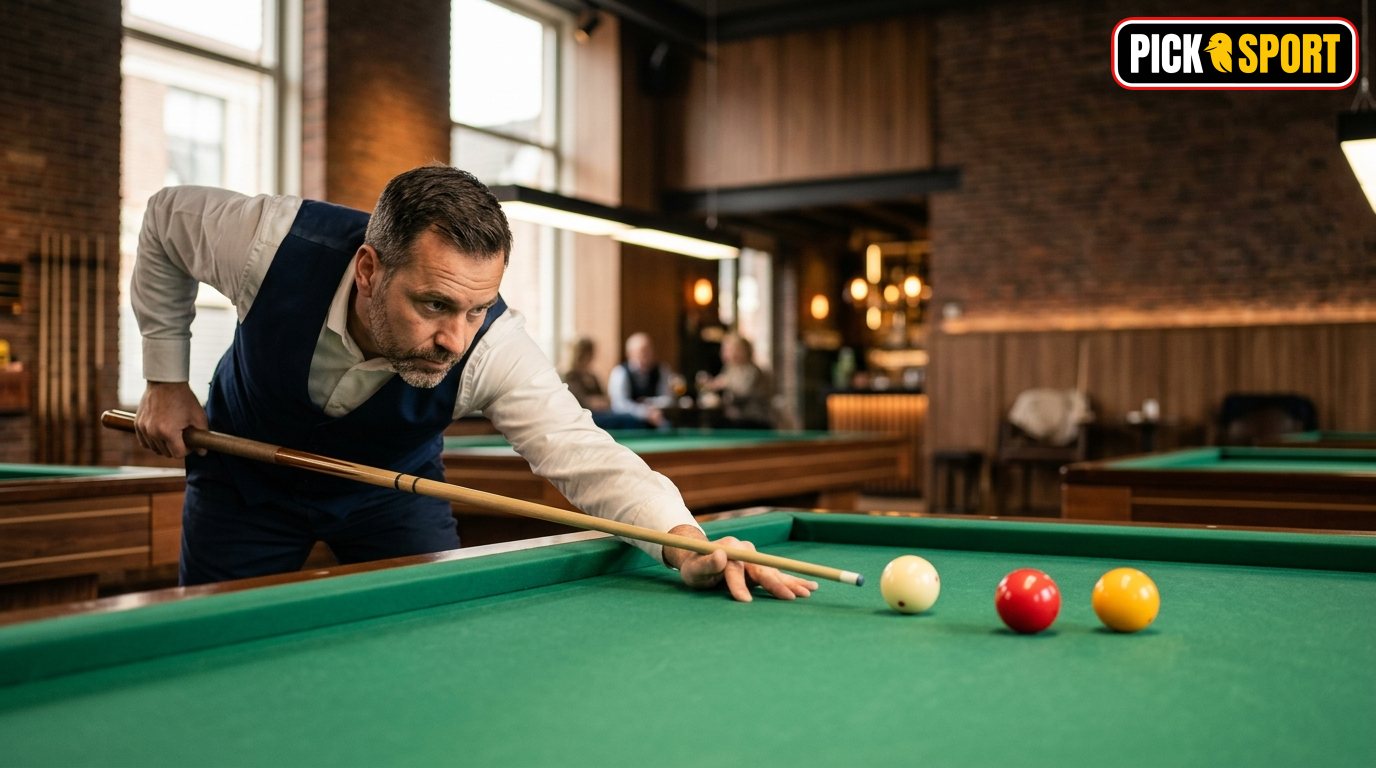 Konzentrierter Billardspieler beim Carambolage an einem grünen Billardtisch in einem modernen Sportclub.