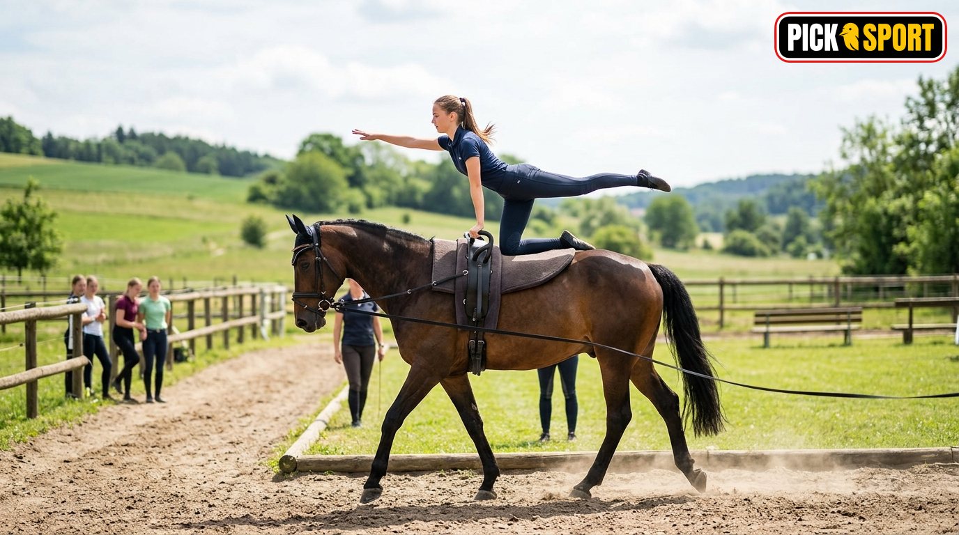 Eine Voltigiererin zeigt eine Übung auf dem Pferderücken während des Trainings im Freien.