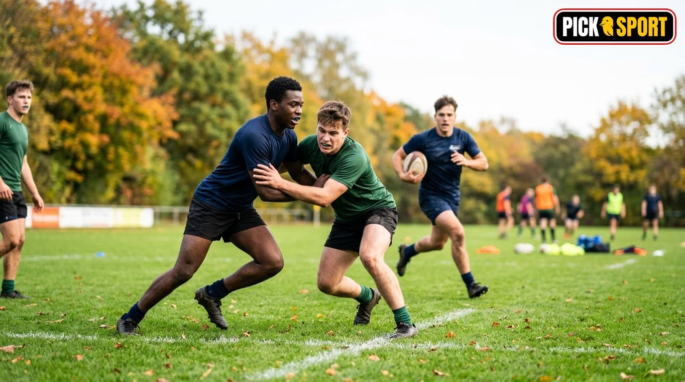 Rugby Union: Regeln, Technik und Training verständlich erklärt Amateur-Rugby-Training auf einem grünen Feld: Sportler beim Technik-Drill zur Vorbereitung auf das Rugby-Spiel.