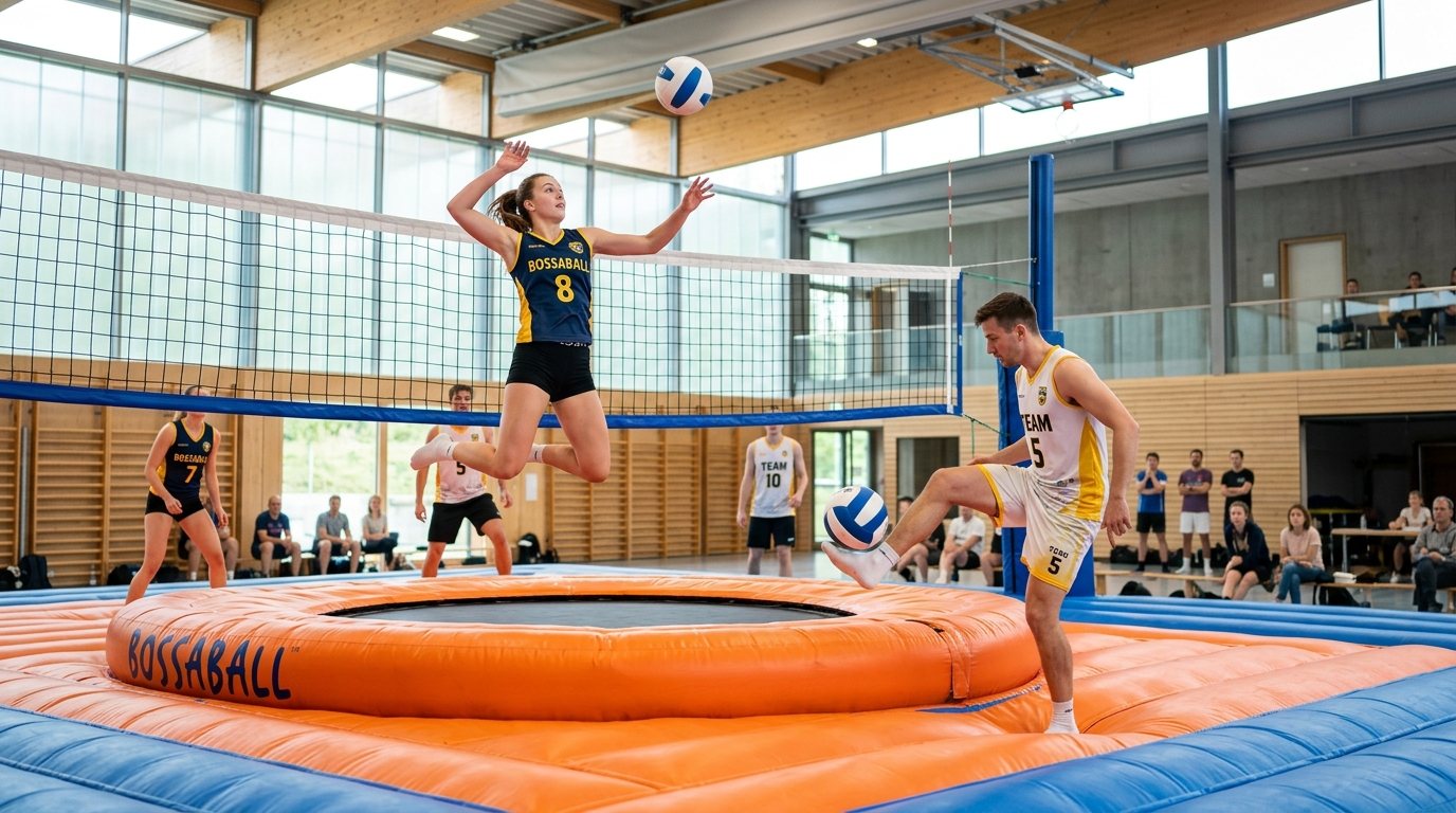 Team beim Bossaball-Training auf einem aufblasbaren Spielfeld mit Trampolin und Ballkontrolle