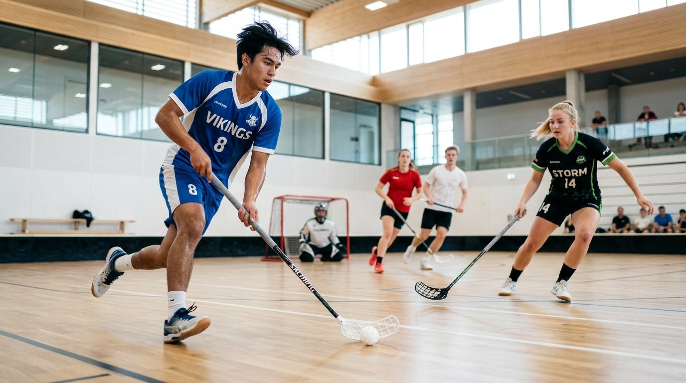 Dynamische Floorball-Trainingsszene mit Spielern in einer modernen Sporthalle.