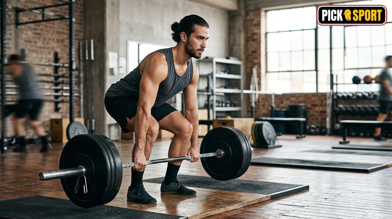 Bodybuilding: Regeln, Technik und Training verständlich erklärt Athlet führt im Fitnessstudio eine saubere Kreuzhebe-Technik für den Muskelaufbau aus.