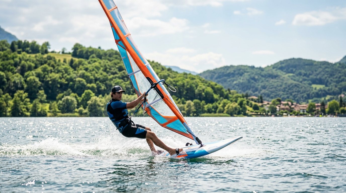 Windsurfer in einer kontrollierten Kurve auf einem ruhigen See bei Sonnenschein.