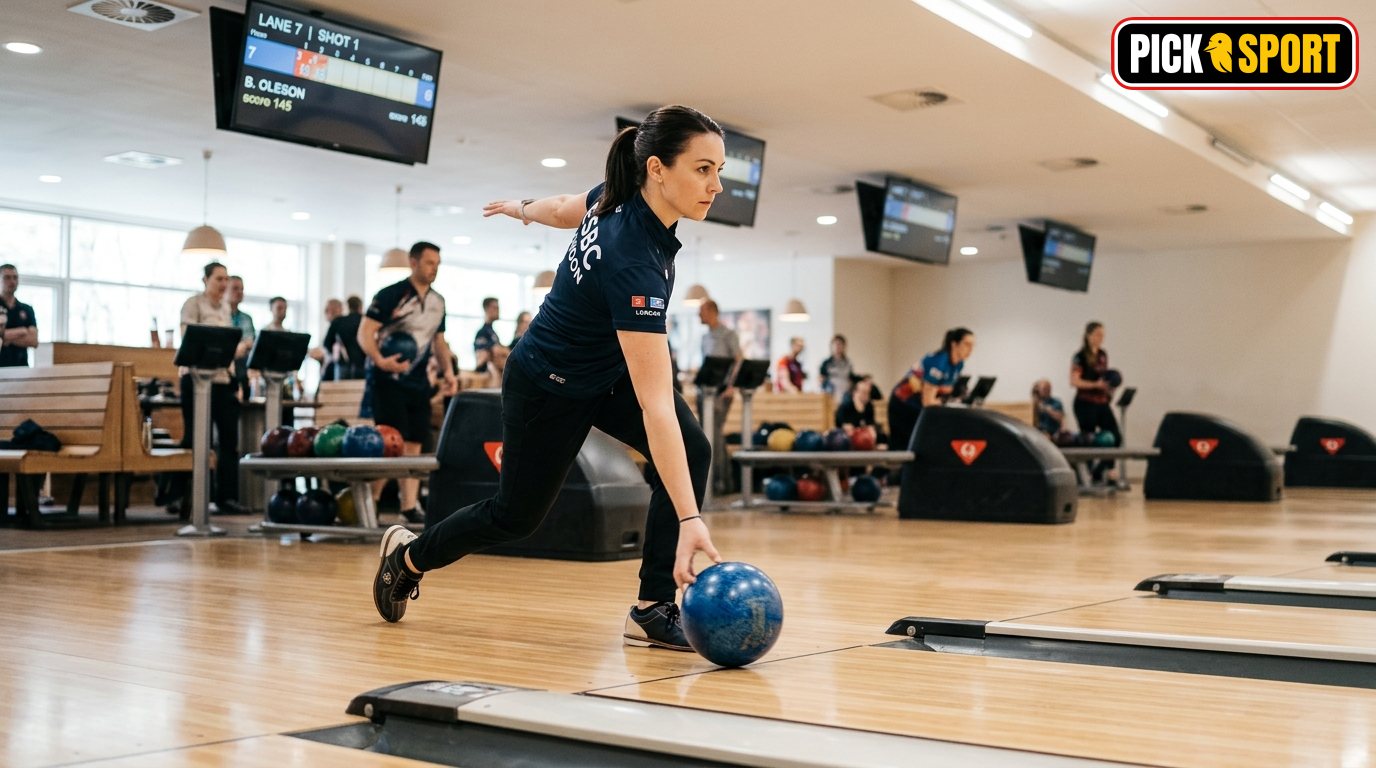 Fokussierte Person bei der Bowling-Wurfbewegung auf der Bahn – Technik und Training im Fokus.