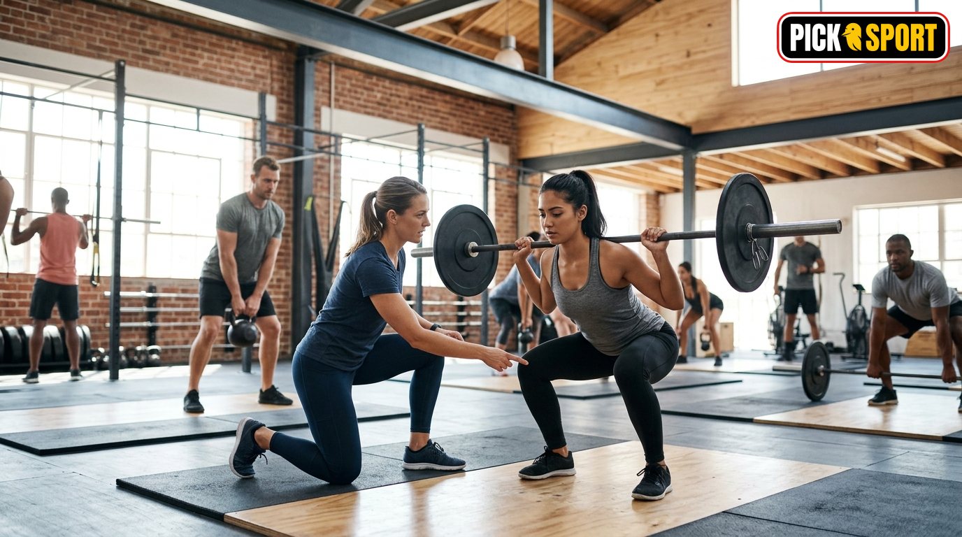 Personen beim Functional Fitness Training im modernen Gym: Fokus auf Technik, korrekte Körperhaltung und professionelles Coac