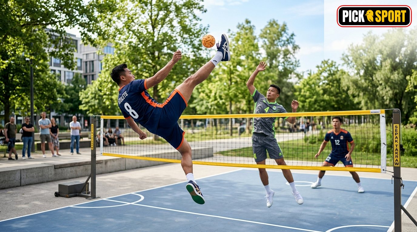 Drei Athleten spielen Sepak Takraw in einem Park; eine dynamische Sprungkick-Szene im Training.