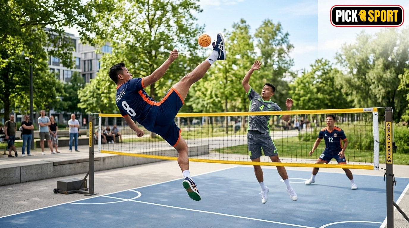 Sepak Takraw: Regeln, Technik und Training verständlich erklärt Drei Athleten spielen Sepak Takraw in einem Park; eine dynamische Sprungkick-Szene im Training.