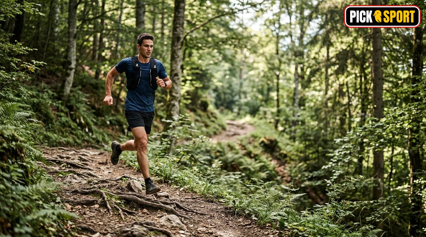 Ein Trailrunner läuft auf einem Waldweg in der Natur, Fokus auf Technik und Bewegung im Gelände.