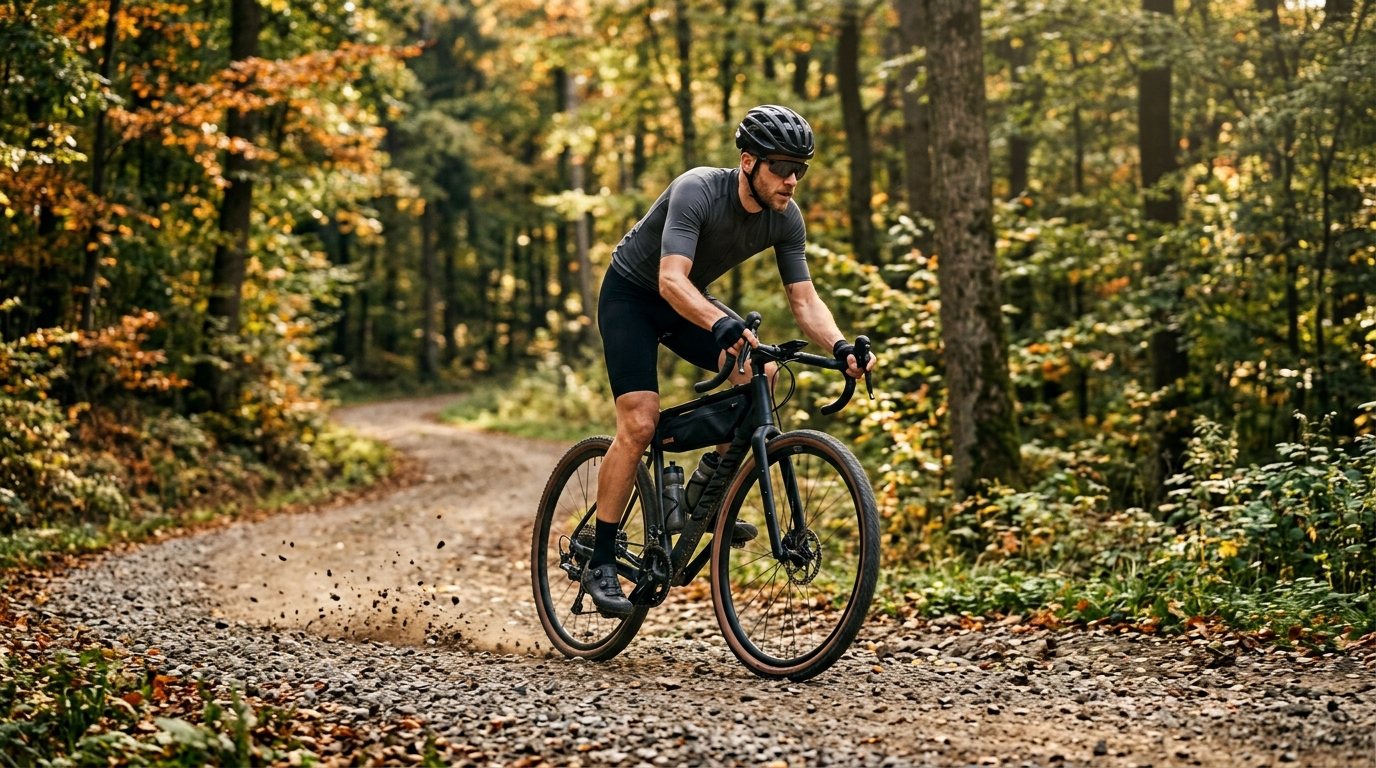 Ein sportlicher Fahrer auf einem Gravelbike auf einem Waldweg in einer europäischen Naturlandschaft.