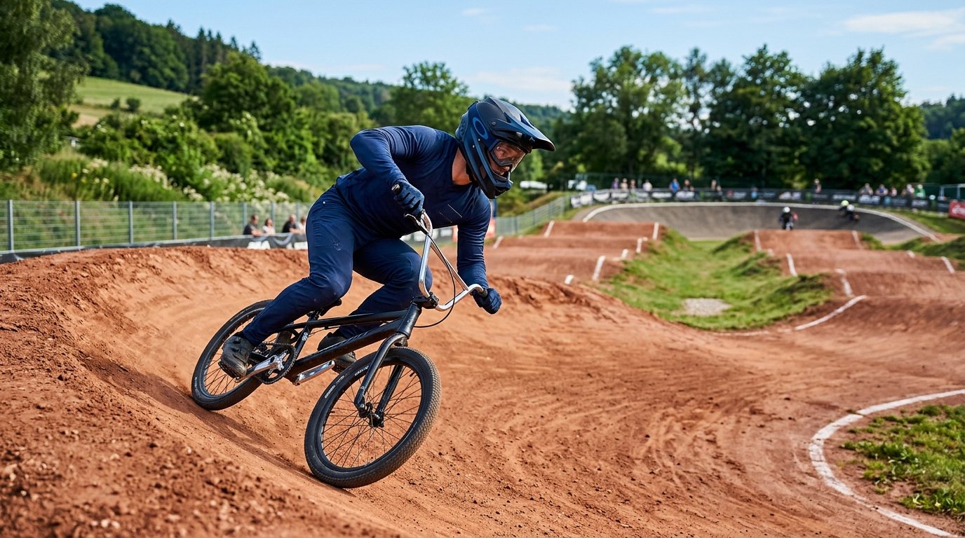 BMX-Fahrer in einer Steilkurve auf einer professionellen Rennstrecke beim Technik-Training.