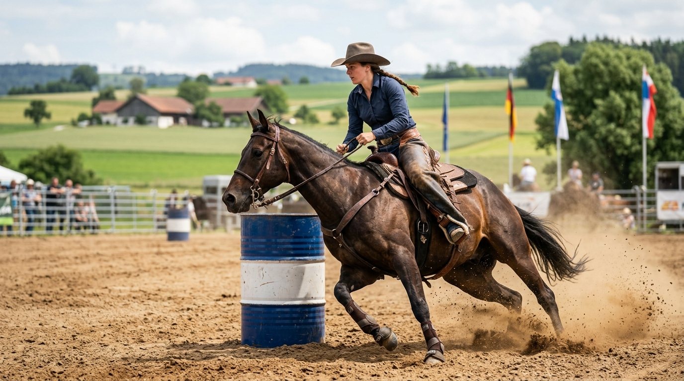 Reiterin beim Barrel Racing Training in einer Reitbahn, Fokus auf Technik und Kurvenführung
