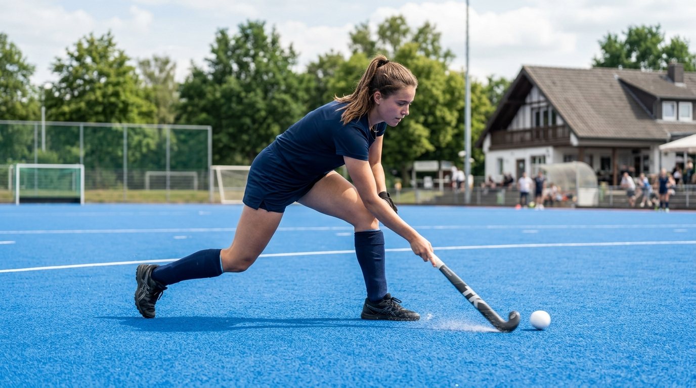 Feldhockey Training auf dem Kunstrasenplatz: Person beim Erlernen der richtigen Schläger- und Körperhaltung.