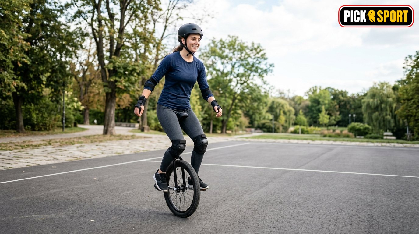 Einradfahren: Regeln, Technik und Training verständlich erklärt Einradfahren lernen: Person mit Schutzausrüstung übt das Gleichgewicht auf einem modernen Sportplatz.