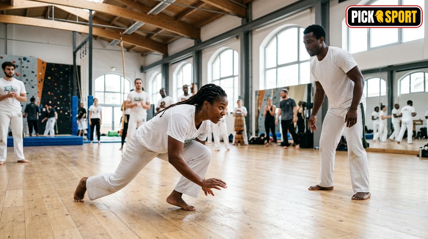 Capoeira: Regeln, Technik und Training verständlich erklärt Zwei Personen beim Capoeira-Training in einem hellen Fitnessraum; Fokus auf Bewegung, Technik und Konzentration.
