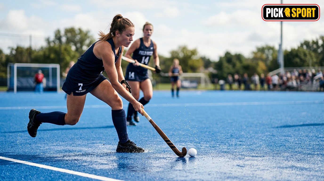 Feldhockey Spielerin bei einer Technikübung auf einem Kunstrasenplatz