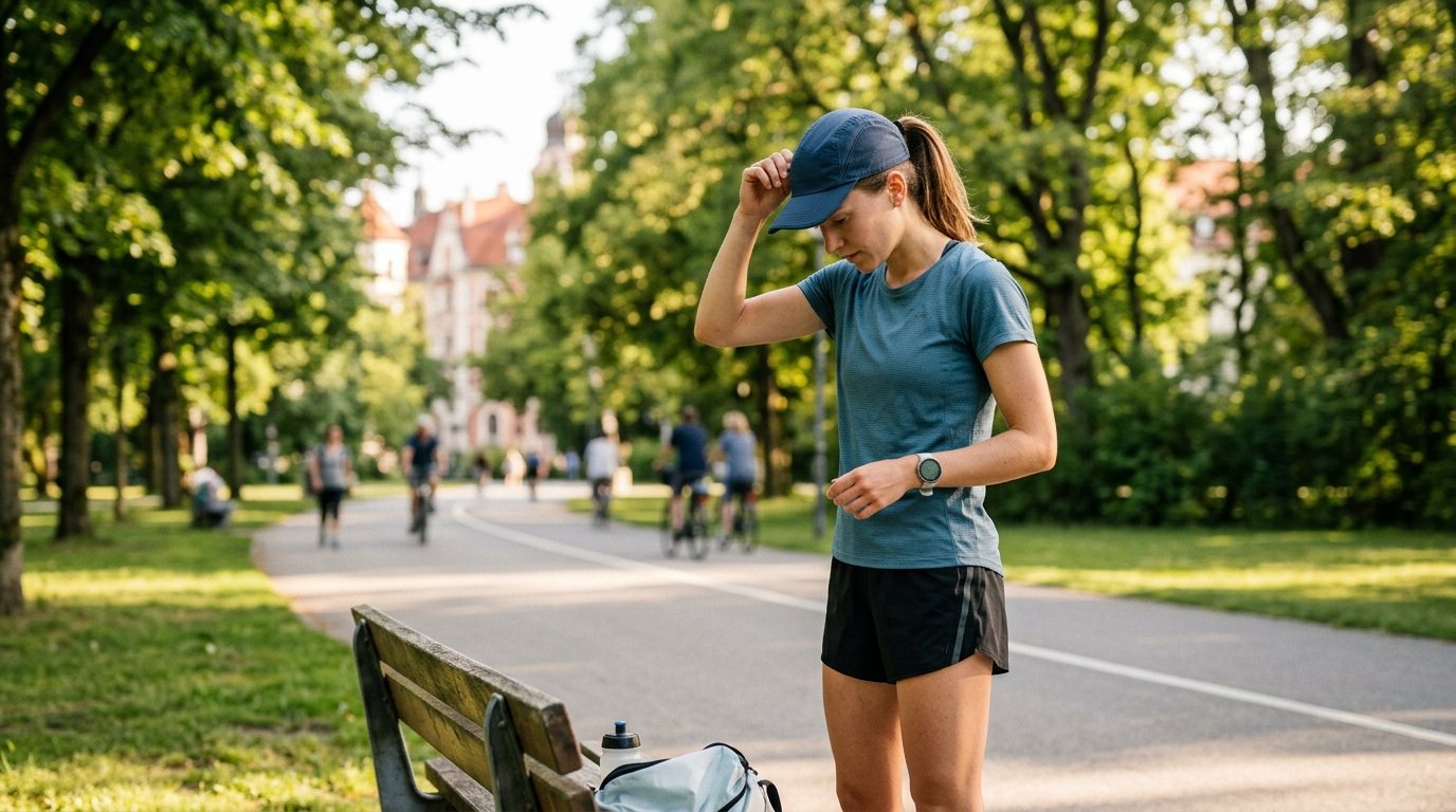 Sportler bereitet sich in einem sonnigen Stadtpark auf das Training bei Hitze vor, trägt leichte Funktionskleidung und eine C