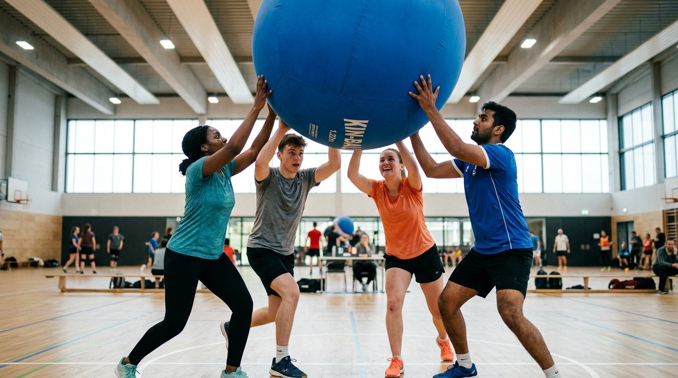 Team beim Kin-Ball Training: Vier Personen koordinieren gemeinsam die Annahme des großen Spielballs in der Sporthalle.