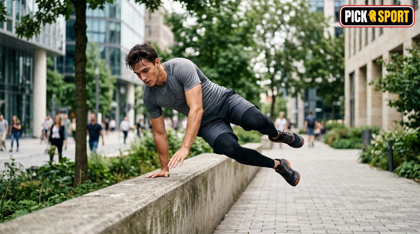Freerunning: Regeln, Technik und Training verständlich erklärt Athlet beim Freerunning-Training im urbanen Park mit Fokus auf Technik und Bewegung.