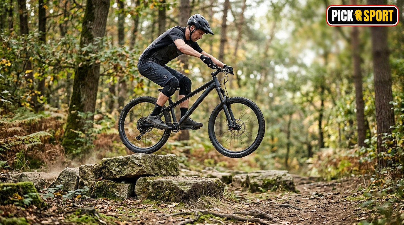 Trial-Biker bei der Hindernisbewältigung im Wald – Fokus auf Technik, Balance und sportlichem Training im Freien.