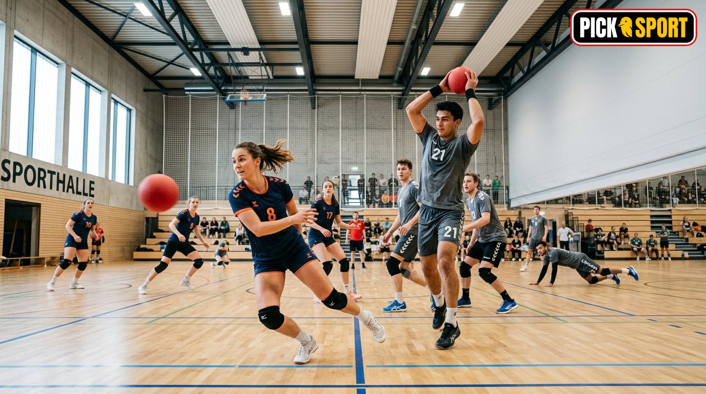 Dynamische Völkerball-Szene in einer modernen Sporthalle mit Spielern in Bewegung