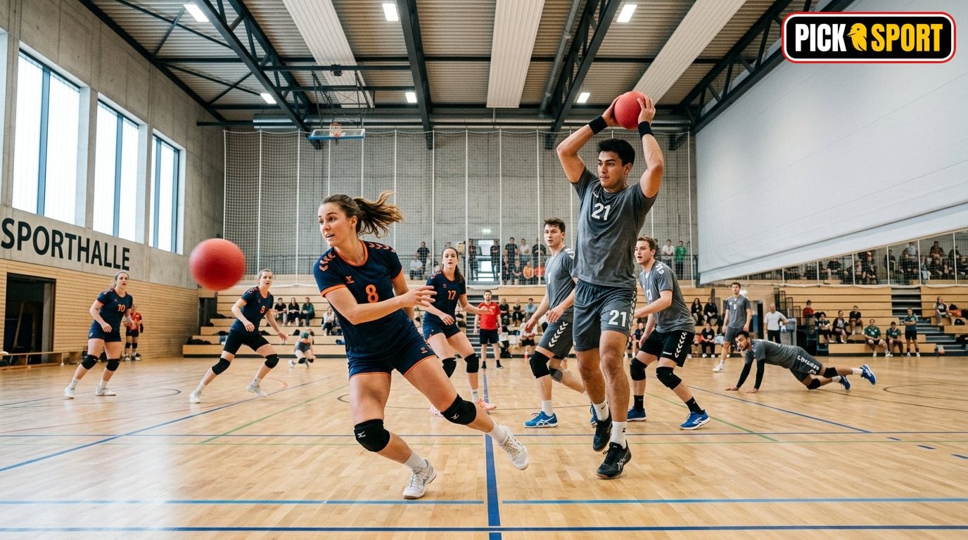 Völkerball: Regeln, Technik und Training verständlich erklärt Dynamische Völkerball-Szene in einer modernen Sporthalle mit Spielern in Bewegung