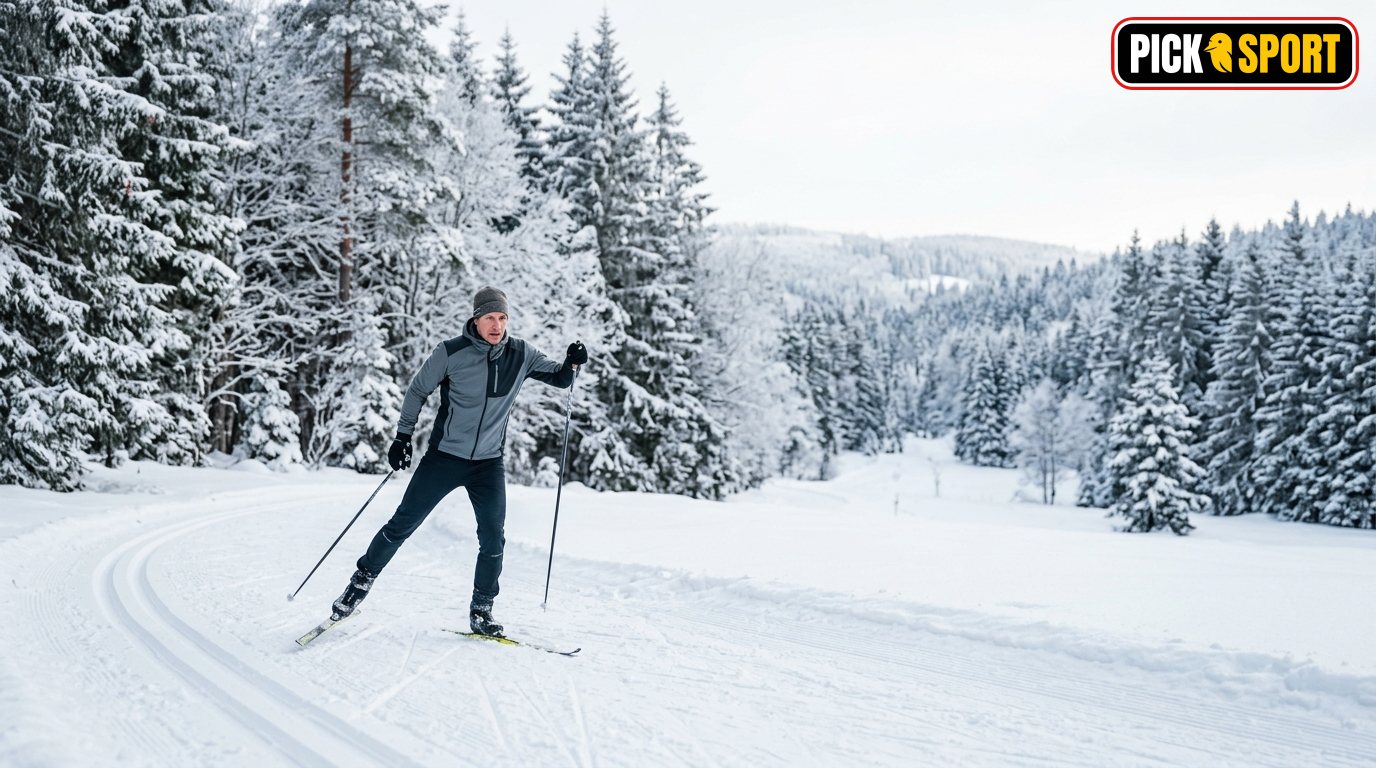 Person beim Skilanglauf in klassischer Technik in einem verschneiten Winterwald, Sport-Blog-Hero-Bild.