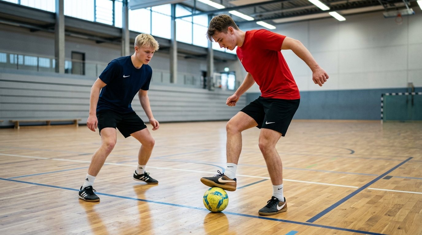 Zwei Sportler trainieren Futsal Technik in einer modernen Sporthalle mit speziellem Futsal-Ball.