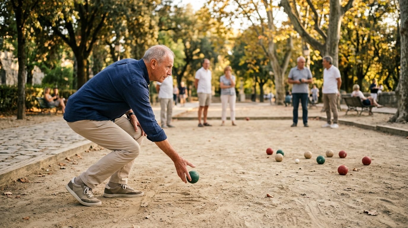 Person beim konzentrierten Boccia-Wurf in einem Park, Fokus auf Wurftechnik und Präzision.