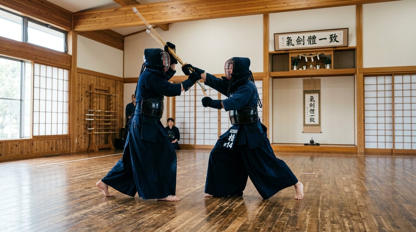 Zwei Kendo-Sportler beim konzentrierten Schlagtraining im traditionellen Dojo