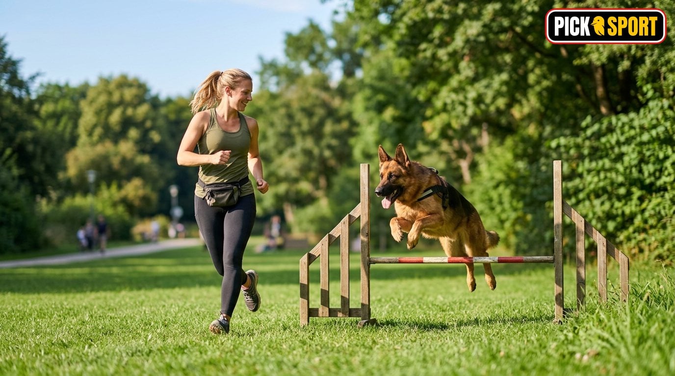 Agility: Regeln, Technik und Training verständlich erklärt Mensch und Hund beim Agility Training im Park. Dynamische Szene mit Hund beim Sprung über eine Agility-Hürde.