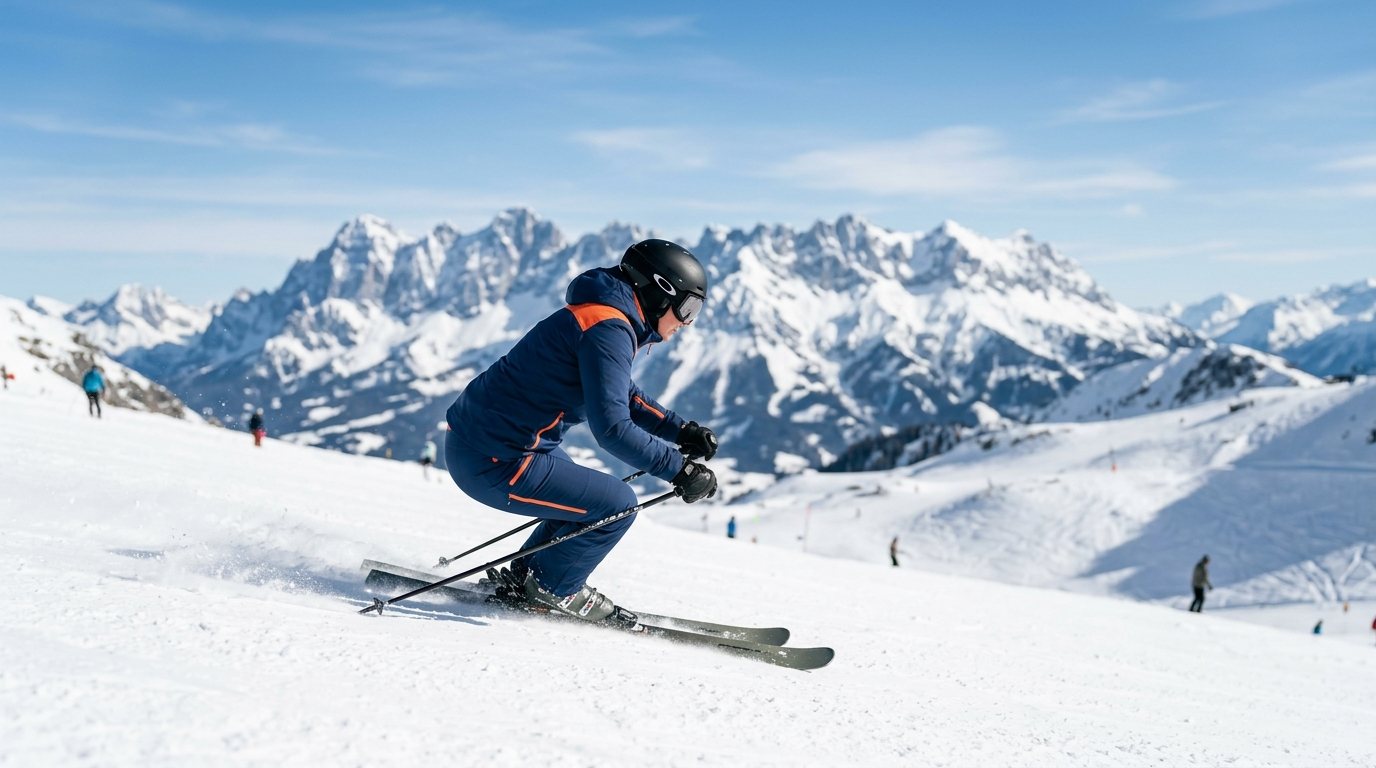 Skifahrer in perfekter Kurventechnik auf einer sonnigen Skipiste im Gebirge.