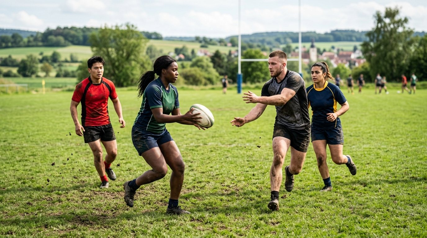 Rugby-Training auf einem Sportplatz: Spieler üben Pass-Techniken und Laufwege.
