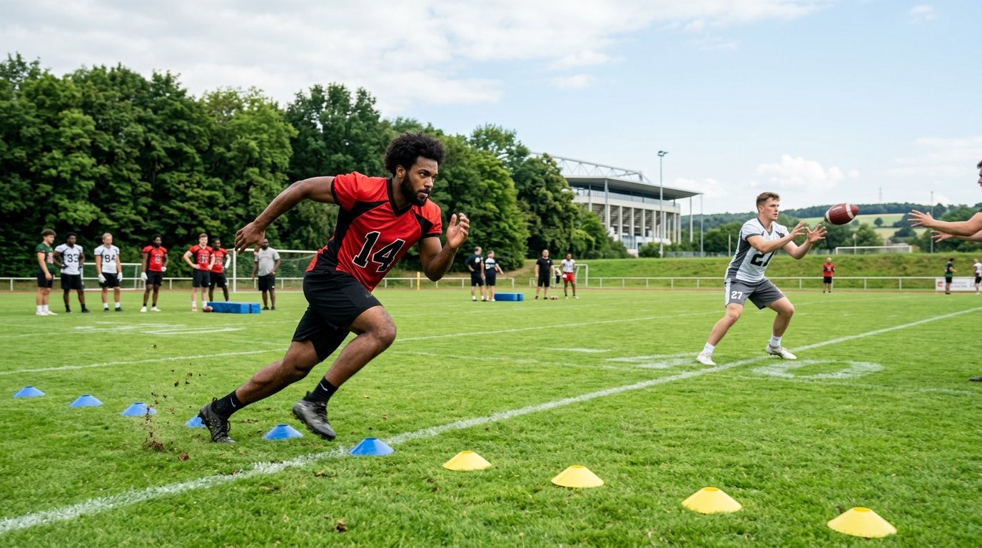 Athleten beim Canadian Football Training auf einem Sportplatz: Fokus auf Schnelligkeit und Agility-Drills.
