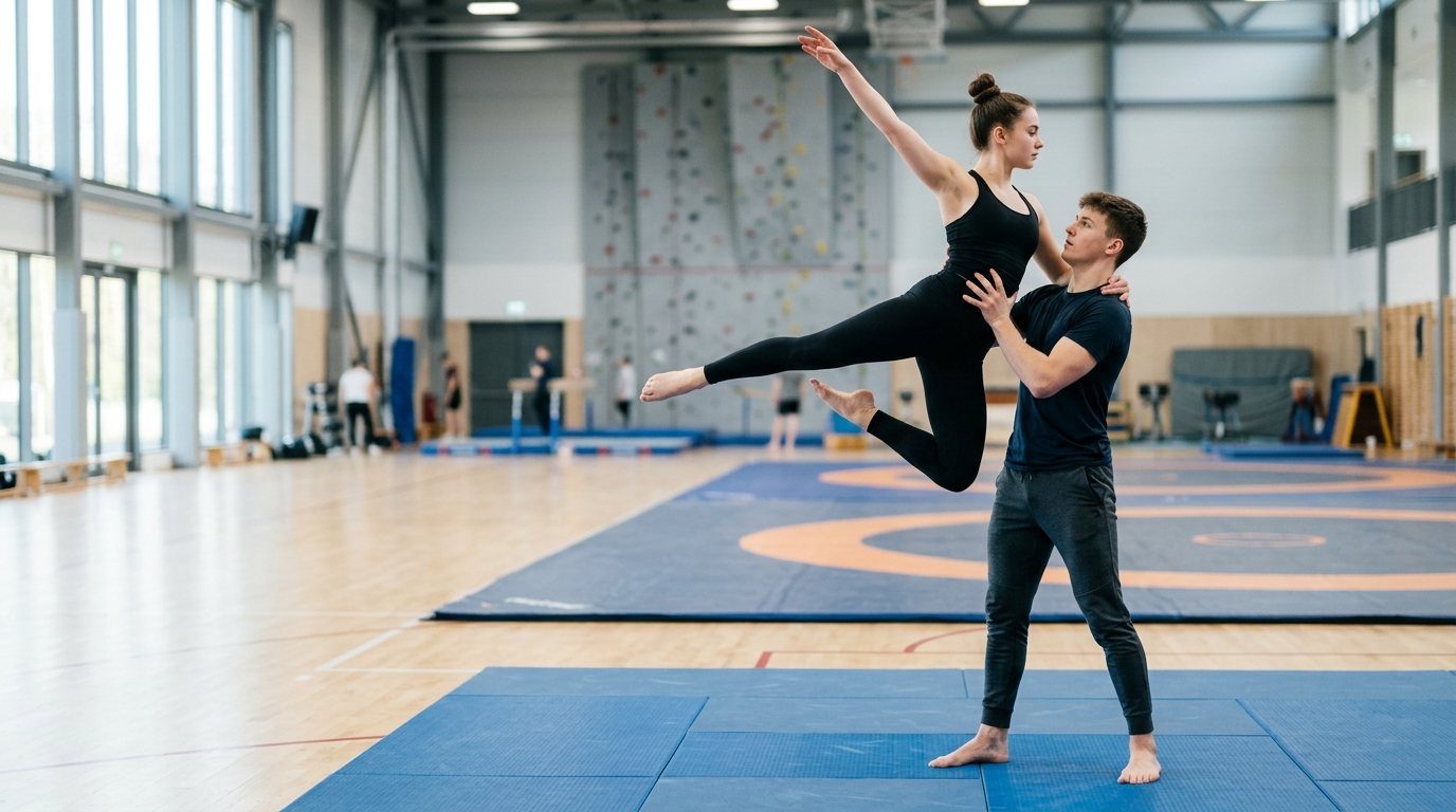 Zwei Sportler beim Akrobatik- und Tanztraining in einer hellen Sporthalle mit Fokus auf Technik und Koordination.