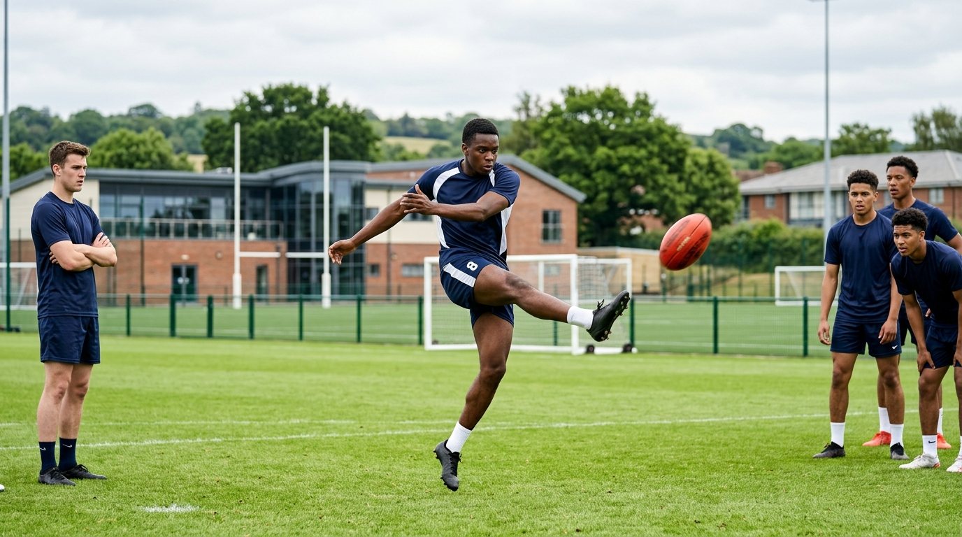 Athleten beim Training von Australian Football: Fokus auf Technik und Kick-Bewegung auf einem Sportplatz.