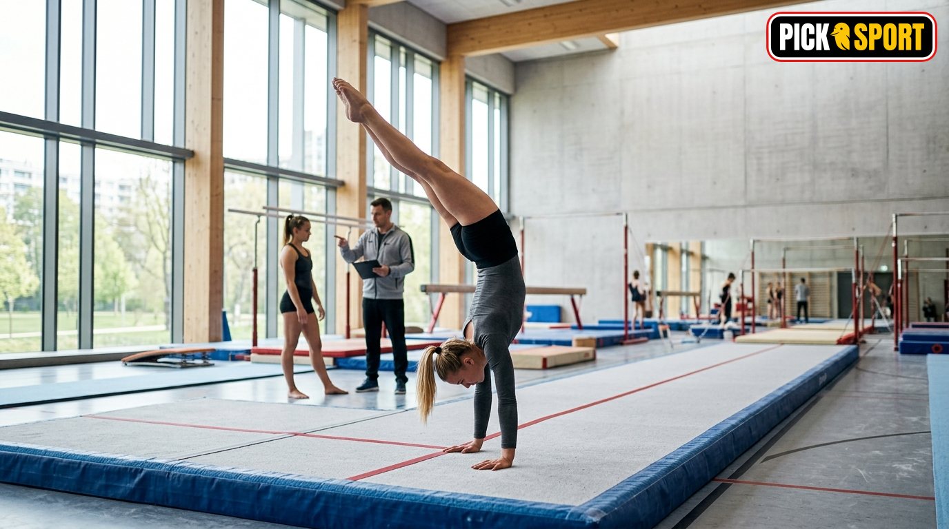 Sportliche Person trainiert konzentriert Bodenturnen in einer modernen Halle für ein effektives Training.